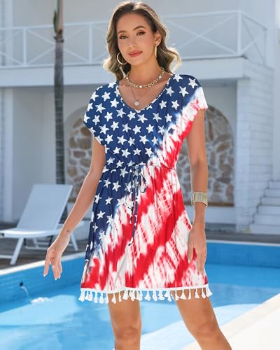Bsubseach American Flag Dresses for Women Short Sleeve Beach Cover Up Patriotic Midi Dress 4th of July Beach Dress2