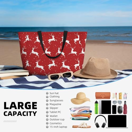 Large Beach Bags for Women Sandproof - Running Deer Red Print Summer Travel Work Tote Bags with Zipper4