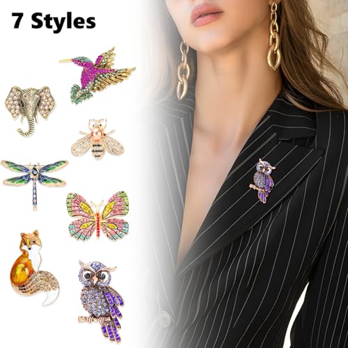 Image of 7 PCS Women Brooches Pins Bulk, Rhinestone Crystal Vintage Brooches, Hummingbird Owl Butterfly Bee Dragonfly Animal Brooch Pin for Women Gifts