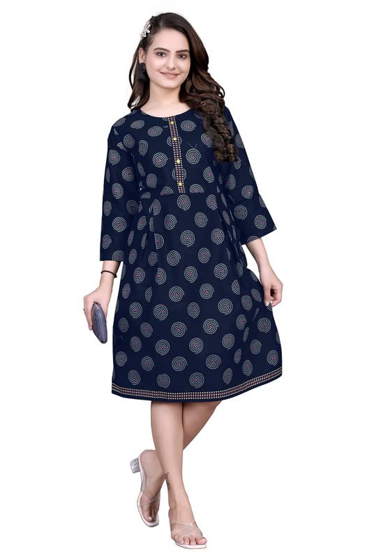 Dishani Anarkali Kurtis for Women, 3/4th Sleevs & Knee Length Fine Prints Pure Cotton | Stylish & Trendy Anarkali Kurtis -(Blue, DFI_FD_1016_P)