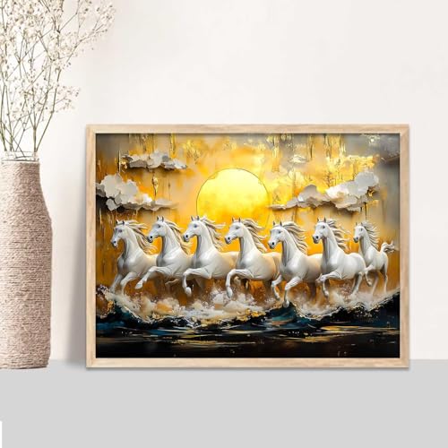 Image of HOTHOUSE 7 Horses Vastu Frame Wall Art Painting for Living Room Bedroom Office Home Decor | Seven Running Vastu Lucky Horse Rising Sun Painting Wall Decor Size (19X25 inch)