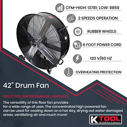 K Tool International 77742; 42” Belt Drive Drum Fan; Industrial Fan, Garage, Shop, High Speed 2-Speed, Durable, Cut-Off Protection, Easy Mobility Rubber Wheels; 1 Year Warranty, 14,800 Max Cfm, Black #TOP1