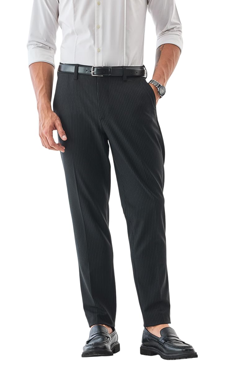 snitch Men Formal Trousers | Slim Fit Mid Rise Striped Design | Premium Polyester Blend with Medium Stretch & Wrinkle Resistance for Office & Club Wear | Black-picture-27
