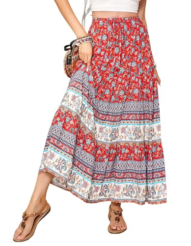 Womens Summer Casual Floral Print Midi Skirt 2025 Boho Elastic Waist Tiered A Line Flowy Swing Beach Vacation Skirts