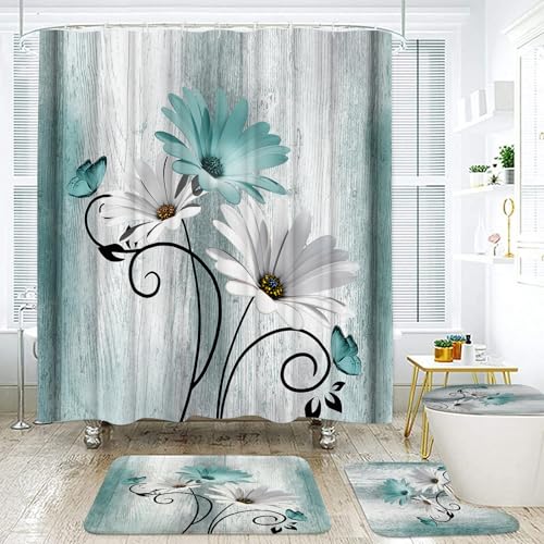 Onalasyc 4PCS Teal Daisy Country Farmhouse Shower Curtain Set with Shower Curtain and Carpet and Accessories, Waterproof Bathroom Shower Curtain Decorative Set with 12 pcs Hooks,71 x 71in