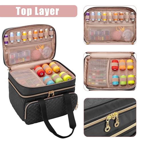 Image of YARWO Double-Layer Sewing Supplies Organizer Bag with 5 Detachable Dividers | Portable Sewing Accessories Storage Case, Multi Pockets for Sewing Kits & Tools, Top Handle, Gifts for Sewing Beginner, Black