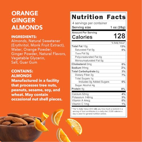 Image of Earthside Farms Orange Ginger Almonds 4oz (3 Pack), Healthy Snack, Keto-Friendly, Vegan, Gluten Free, No Added Sugar, Non-GMO, Guilt-Free Snack, Clean Ingredients, Snack Packs