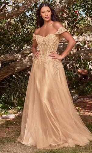 MiwiNovia Junior's Glitter Tulle Prom Dresses Lace Appliques A-Line Formal Dress Off Shoulder Prom Ball Gown MN9062