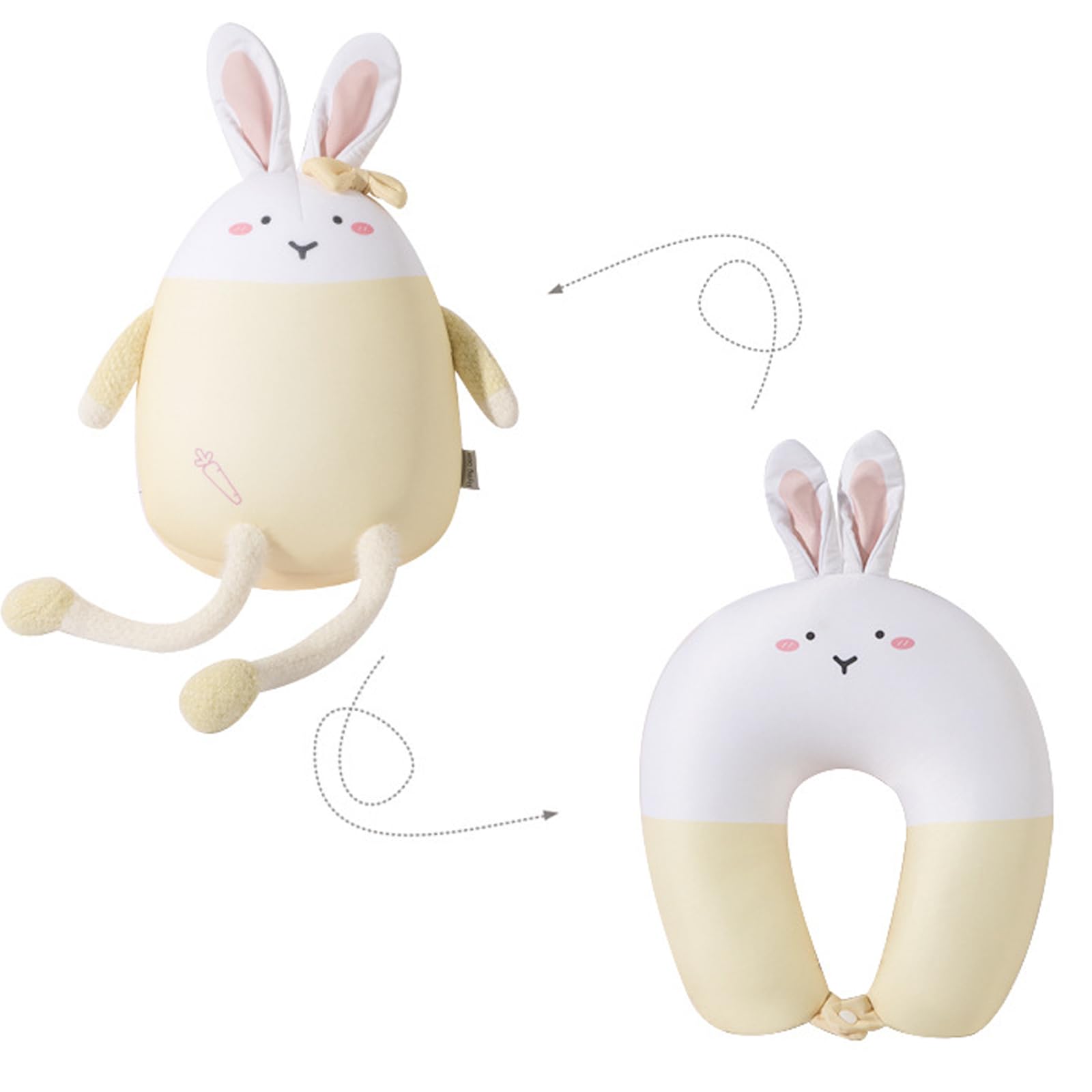 ネックピロー U型まくら 飛行機 枕 首枕 携帯枕 変形可能 トラベル枕 旅行用 お昼寝 仮眠 子供用 ぬいぐるみ 車用 ふわふわ やわらかい コンパクト うさぎ かわいい 新幹線 飛行機 バス 自宅(イエロー)