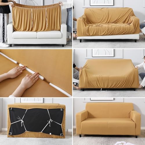 Image of HOKIPO Elastic Stretchable Sofa Cover 2 Seater, Sand Brown (NEW2-AR-4278-E5)
