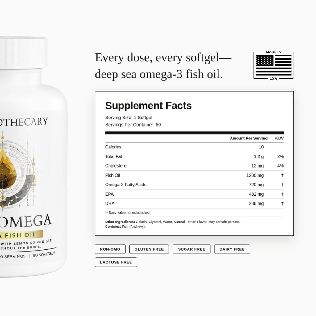 Pure Omega 3 Fish Oil 1200mg - EPA 432mg DHA 288mg - Heart, Brain & Joint Support - Lemon Flavored, Non-GMO, Gluten Free - 60 Softgels — Amazon image 3