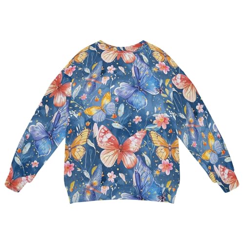 JUNZAN Watercolor Butterflies and Flowers Blue Big Boys Pullover Hoodie Crewneck Fall Tops Shirts Sports 4T2