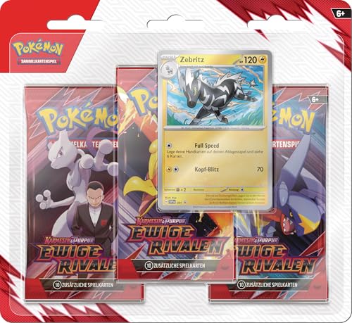 Pokémon-Sammelkartenspiel: 3er-Pack-Blister Karmesin & Purpur – Ewige Rivalen: Zebritz (3 Boosterpacks & 1 holografische Promokarte)