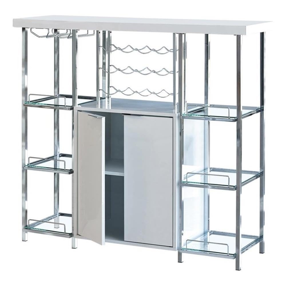 Pemberly Row 2-Door Wood Bar Cabinet High Glossy White and Chrome
