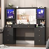 62' Large Black Vanitys Desk w/ Tempered Glass Top,60000-color LED Lights,Power Outlet, Make up Vanity w/ 3 Lights Mode LED Mirror,9 Drawers,2 RGB Cabinet LED Vanity Table for Women,Girls