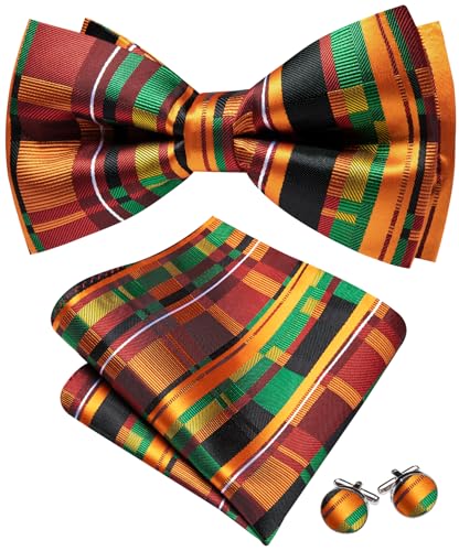 Image of Barry.Wang Paisley Striped Bow Tie for Men Silk Pre-Tied Bowtie Pocket Square Cufflinks Set Formal Wedding Party Prom