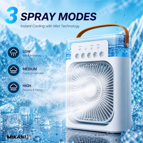 Image of MIKANIX Mini Cooler Fan for Room, Kitchen, Home & Office Desk | USB Cable, 3 Wind Speed Mode with Cooling Misting Fan (White)
