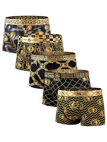 Men's Luxury Black Gold Underwear Boxer Briefs, Cotton Trunks Calzoncillos Underpants, Moisture Wicking Fashion 5-Pack