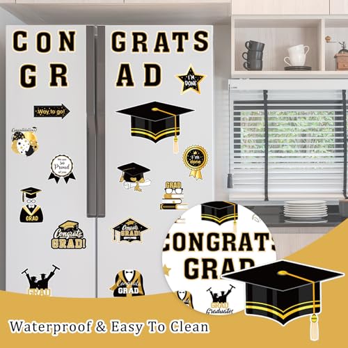 Image of JarThenaAMCS 28Pcs 2026 Graduation Car Magnets Magnetic Garage Door Stickers Congrats Grad Cap Automotive Cruise Refrigerator Decals for Home Classroom Party Decoration (Black, Gold)