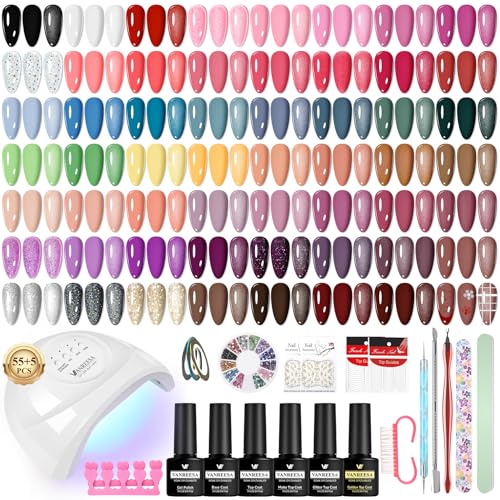 VANREESA 55 Colores Kit Uñas Semipermanentes, Uñas Semipermanentes Kit Completo 77PZ con Top Base Mate Purpurina Coat Lampara UV Uñas 48W y Herramientas para Manicura, Regalo para Mujeres