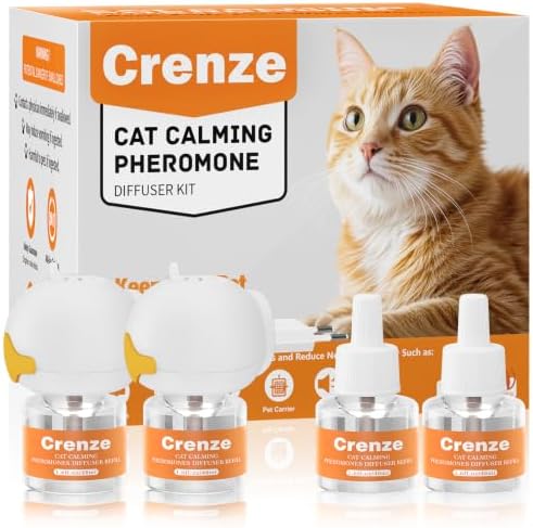 Crenze 120 Tage Pheromone Katzen Beruhigung Steckdose Beruhigendes Set | Naturpheromone lindern Stress Ängste bei Katzen reduzieren Kratzverhalten - 2 Steckdosen Diffusoren 4x48ml