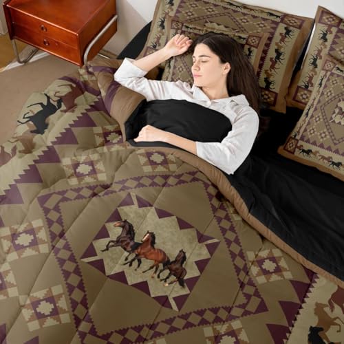 Image of Erosebridal Western Full Size Bed Sheets and Comforter Set | Vintage Tribal Horse 7-Piece Bedding Set Cowboys Gifts Geometric Aztec Bed in a Bag, Brown Diamond Checkered Buffalo Plaid Bed Sets