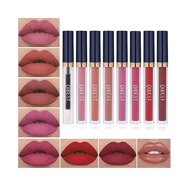 QiBest 8pcs Matte Liquid Lipstick with Lip Plumper Makeup Set Velvety Long Lasting High Pigmented Nude Waterproof Lip Gloss Kit Girls Women Make Up Gift Set