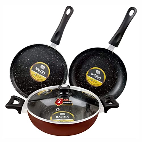 Image of BALTRA Induction Base Non-Stick Cookware Set 4 Pieces (1-Piece Non-Stick Kadhai (26cm) with Lid, 1-Piece Non-Stick Fry Pan (24cm), 1-Piece Non-Stick Dosa Tawa (24cm)) Red (BTN-211)