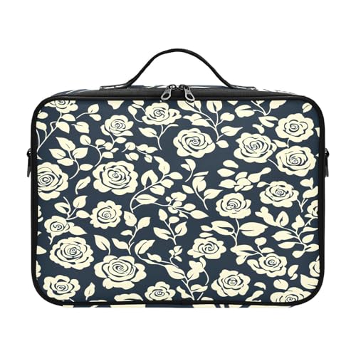 zyrtty Travel Makeup Train Case Flower White Black Pattern Cosmetic Organizer Portable Storage Bag with Adjustable Dividers for Cosmetics Brushes Toiletry Jewelry Digital Accessories