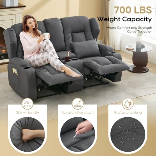 Image of IPKIG 65.3 inch RV Loveseat Recliner Sofa with Storage Console, Leathaire Fabric Wall Hugger Reclining Chair with Cup Holders and Side Pockets, Home Theater Seating Manual Recliner for Living Room (Grey)