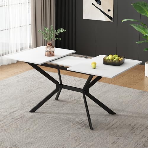 muenfly Mesa de comedor extensible de 120/160 x 80 cm con patas de metal negro, mesa de cocina rectangular blanca para 4-6 personas, mesa de comedor moderna para cocina, comedor, sala de estar