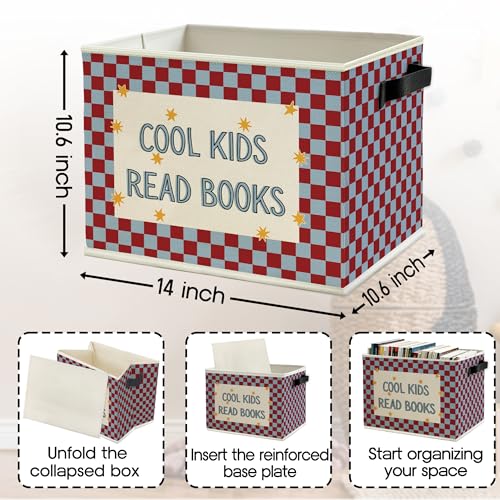 Image of Book Kids Classroom Storage Bins Box with Handles, Cool Kids Read Books Red Blue Checkered Collapsible Basket Organizer for Boys Girls Bedroom Reading Corner Nook Room Books Clothes