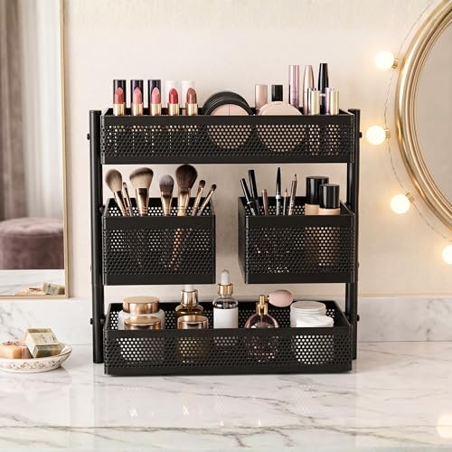 Image of flymore 4-Basket Rotating Makeup Organizer & Multi-Purpose Storage Rack - Metal Mesh Vanity Organizer for Cosmetics, Kitchen Spice Rack, Office Desktop Supplies & Kids Toy Storage - Matte Black