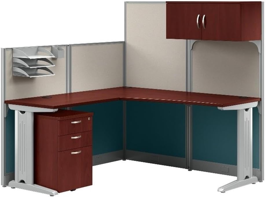Bush Business Furniture Office in an Hour 65W L Shaped Cubicle Desk with Storage, Drawers, and Organizers in Hansen Cherry | Modern Computer Table Set with Privacy Panels for Commercial Workspace