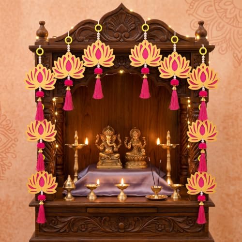 Image of JH Gallery Pink Tassel Lotus for Ganpati Decoration Items for Home - Handmade Ganesh Chaturthi Backdrop Decoration, Mandir & Balcony Hanging (8 Inch, Pack of 10)
