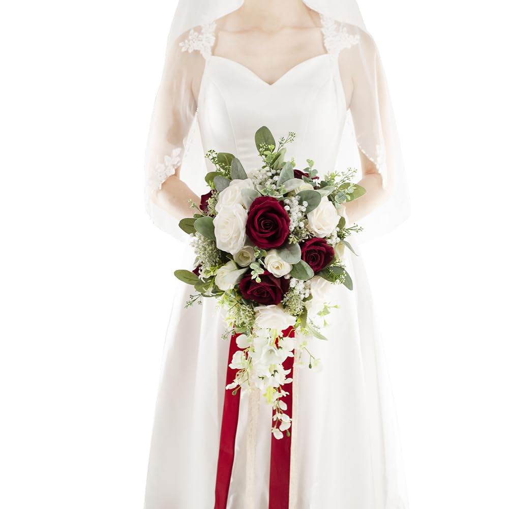 Floinla 12 Inch Cascade Wedding Bouquets for Bride, Burgundy & White Cascading Bridal Bouquet for Wedding Silk Artificial Flowers