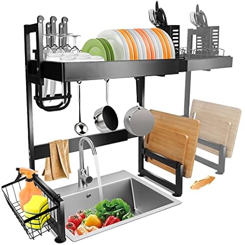 Midyb Over The Sink Dish Drying Rack, 2 Tier Over Sink Drainer Rack Adjustable (47 to 70 cm), Dish Drainer Organizer Shelf with Utensil Holder & 8 Hooks for Kitchen Counter, Carbon Steel, Black Cover