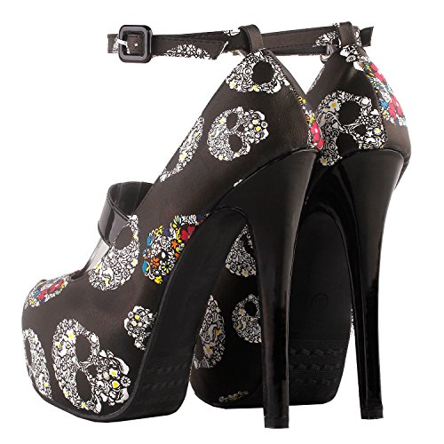 SHOW STORY Women Sexy Skull Print Ankle Strap Platform Stiletto Heel Dress Pumps,LF808733
