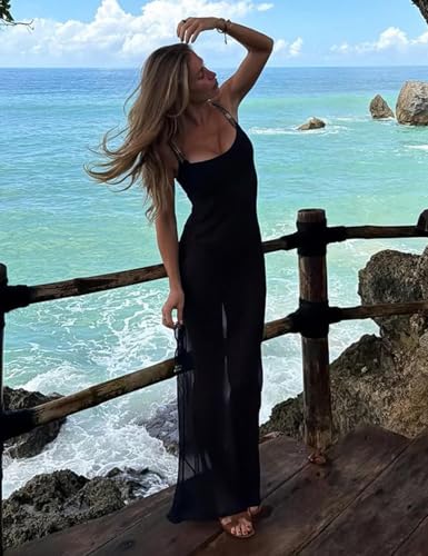 Oludkeph Robe longue moulante pour femme avec bretelles spaghetti en maille transparente pour la plage, les vacances, les cocktails, les fêtes, Noir , L – vue 2