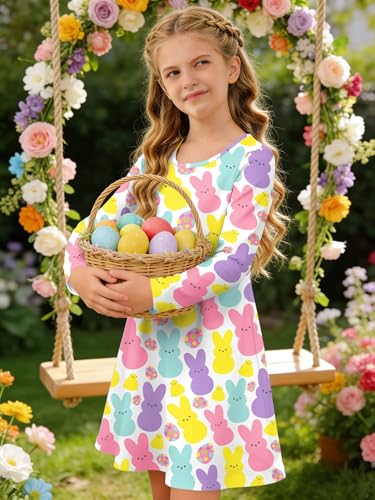 Image of Ithalt Girls Easter Dress Bunny Print Shirts Easter Long Sleeve Dresses Litter Girls Christian Easter Gifts 5-12y