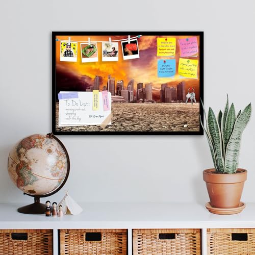 Image of ArtzFolio City Overlooking Desolate Desert | Bulletin Board Notice Pin Board | Vision Soft Board Combo with Thumb Push Pins & Sticky Notes | Black Frame | 18 x 12 inch (46 x 30 cms)