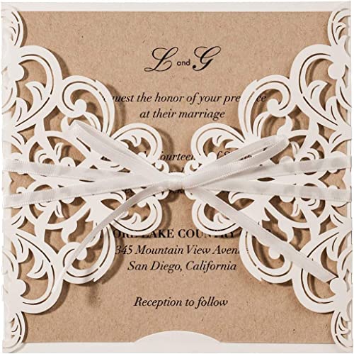 FLZOPYNE Lot de 50 cartes d'invitation pour mariage, anniversaire, baptême, fête, couleur ivoire, coupe laser avec ruban en papier kraft vierge avec enveloppes Cover
