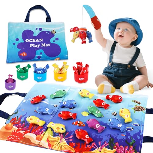 Brinquedos crianças 1 ano montessori, brinquedo de pesca, jogo de pescador, conjunto de pesca de tecido com caneca empilhável, saco de armazenamento, brinquedos educativos bebés 6-12 meses, presente