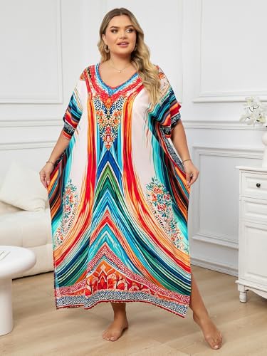 Image of KECVOT Kaftan Dresses for Women V-Neck Print Swimsuit Cover Up Plus Size Beach Caftan Lounge Dress