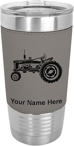 LaserGram Vaso aislado al vacío de 20 onzas tractor Old Farm grabado personalizado incluido piel sintética gris
