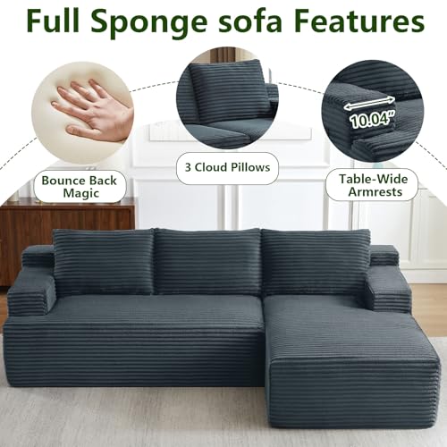 Image of 96 inch Modular Sectional Sofa, Modern Corduroy Cloud Couch, Boneless Couch Upholstered 3-Seater L-Shaped Sofa for Living Room, No Assembly Required (Dark Grey, Right-Facing Chaise)
