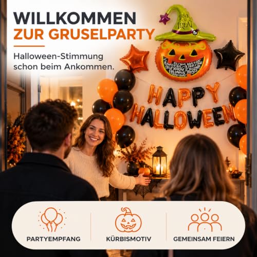 Halloween Ballon-Set Orange Schwarz – 20 Luftballons, Happy-Halloween-Schriftzug, Kürbis mit Hexenhut, 4 Foliensterne und Band… – Ansicht 7