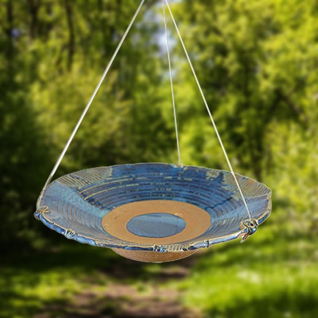 BestNest Anthony Stoneware Ceramic Bird Bath – Medium French Blue Hanging Birdbath – Handcrafted Glazed Ceramic Bowl with Unglazed Sections for Safety – Outdoor Garden Décor for Small & Medium Birds