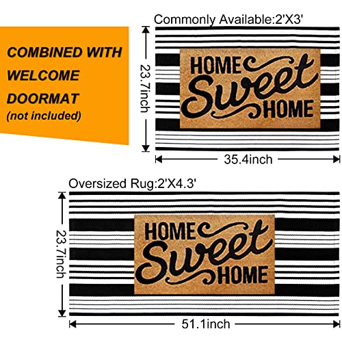 Black And White Striped Outdoor Rug, 2’ X 4.3’ Cotton Hand-Woven Reversible Front Porch Rug Washable Front Door Mat Entryway Rugs Welcome Layered Doormat Carpet For Patio Farmhouse Kitchen #TOP1