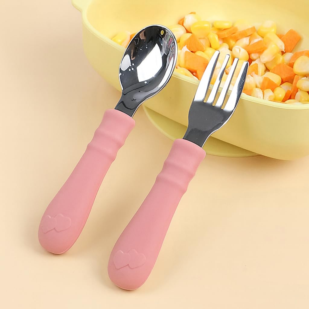 Silikon Saplı Paslanmaz Çelik Bebek Kaşık Çatal Seti (Pembe)